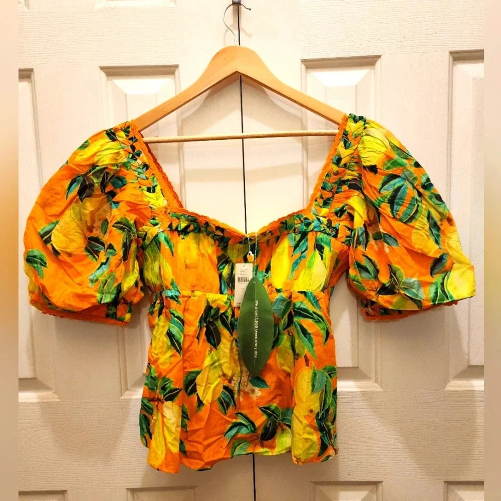 FARM Rio Yellow & Green Lemon-Print Puff-Sleeve Top